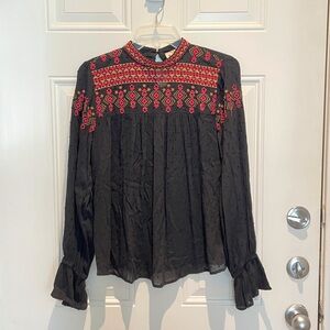 Savanna Jane Embroidered Pink Black Blouse, Small, Swiss Dot Mock Neck Western